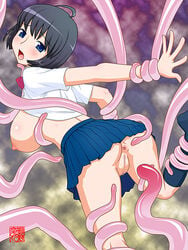 anus areolae ass big_breasts black_hair breasts breasts_out censored female imminent_penetration machino_henmaru mosaic_censoring nopan pleated_skirt pussy restrained school_uniform serafuku short_hair suspension tentacle