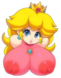 1girls alternate_breast_size big_breasts blonde_hair blue_eyes breasts bust_portrait bust_style clothed clothing eyelashes female female_only huge_breasts impossible_clothes impossible_shirt lipstick long_hair looking_at_viewer makeup mario_(series) matospectoru nintendo pink_lipstick princess_peach see-through see-through_clothing simple_background sleeveless solo thick_lips tight_clothing white_background