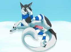 2018 balls erection feral fur furry furry_only looking_at_viewer lying male male_only mammal paws penis presenting sergal slushee. snow solo spread_legs spreading tail