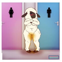 2018 anthro blue_eyes blush caprine crossed_arms embarrassed female fur looking_at_viewer mammal nude omorashi peeing pornography_(artist) pussy sheep smile solo standing urine urine_pool watersports wetting white_fur wool