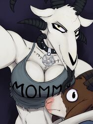 1boy anthro baphomet bare_shoulders bedroom_eyes big_breasts black_tongue boob_hat breasts brown_fur caprine cleavage clothed clothing collar crop_top demon duo female female goat highres hladilnik horn incision inverted_pentagram licking long_tongue looking_at_viewer lucy_(hladilnik) male mammal midriff mother nervous pentagram saliva satanic scared seductive selfie shirt tank_top tommy_(hladilnik) tongue tongue_out torn_clothing white_fur yellow_eyes