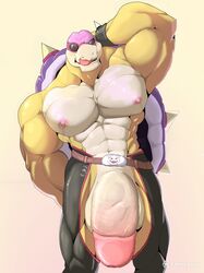 1boy abs anthro belt biceps big_balls big_muscles big_pecs big_penis clothed clothing danuelragon34 edit furry hand_behind_head huge_balls huge_penis koopaling male male_only mario_(series) muscular muscular_male nipple_piercing nipples pants pecs penis pink_nipples pink_tongue roy_koopa shell simple_background solo standing sunglasses tagme testicles thick_penis tongue tongue_out topless vein veiny_penis video_games