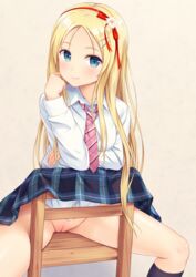 1girls blonde_hair blue_eyes blush bottomless breasts clothed eyelashes female_only flower hair_ornament hairband human long_hair looking_at_viewer n.g. necktie no_panties nopan pussy ribbon seifuku shirt sitting skirt skirt_lift smile socks spread_legs uncensored