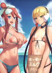 2girls abs areolae bare_shoulders beach belly big_breasts bikini black_bikini blonde_hair blue_background blue_bikini blue_eyes blush breast_grab breasts cameltoe choker clouds day elesa_(pokemon) eyelashes female female_only flat_chest green_eyes hair_ornament headphones holding human large_breasts long_hair looking_down multiple_girls navel nintendo nipples ocean open_mouth outdoors pokemon pokemon_bw red_hair revealing_clothes short_hair sign sky skyla_(pokemon) smile standing sweat text tongue ts422 water yellow_hair