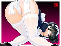 all_fours ass black_hair dress female female frills looking_at_viewer machino_henmaru maid maid_headdress panties pantsu presenting shoes solo thighhighs top-down_bottom-up underwear wet white_panties