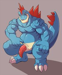 1boy 2018 3_fingers 3_toes 4_fingers animal_genitalia belly biceps big_ass big_feet big_hands big_penis big_tail blue_skin claws crocodilian crouching digital_media_(artwork) erection fangs feet feral feraligatr fin genital_slit half-erect hand_on_leg large_penis licking_lips male male_only muscular muscular_male nintendo no_nipples nude nuroi orange_eyes pecs penis pokémon_(species) pokemon pokemon_gsc red_penis reptile scalie shadow simple_background slightly_chubby slit slit_fingering slit_play smile solo spread_legs spreading squatting standing tail tapering_penis teeth thick_penis thick_tail thick_thighs toes tongue tongue_out vein veins veiny_penis video_games wide_hips yellow_skin