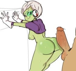 alien alien_girl areolae ass balls bent_over big_ass big_balls breasts cheelai constricted_pupils dragon_ball dragon_ball_super duo faceless_male female gloves green-tinted_eyewear green_skin honeyboyy huge_cock humanoid imminent_sex kneepits looking_back male male_pubic_hair medium_breasts nervous nipples no_bra nude penis presenting presenting_hindquarters pubic_hair scouter shirt shirt_lift short_hair sideboob smile solo_focus straight sweat tinted_eyewear white_hair