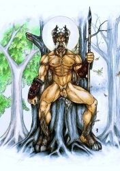 hooves horns male male_only penis satyr spear throne