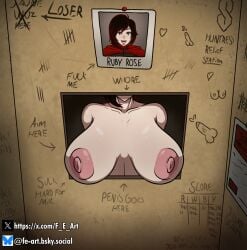 1girls black_hair breasts breasts_out f_e_ female female_focus female_only graffiti graffiti_on_wall huge_breasts large_breasts naked naked_female nude nude_female picture picture_on_wall public_display public_use ruby_rose rwby solo solo_female text voluptuous wall_writing