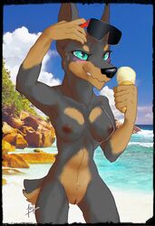 1girls 1oi 2018 anthro athletic beach blush breasts canine dessert digital_media_(artwork) doberman eyewear female female_only food fur furry furry_only hi_res ice_cream mammal nipples nude outdoors outside pussy seaside sketch sky smile solo sunglasses tail text thin_waist water watermark