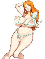 1girls 47_hard bikini crotchless_panties cupless_bra female female_only nami_(one_piece) one_piece orange_hair peace_sign white_background
