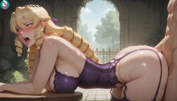 1boy 1girls ahe_gao ai_generated akuyaku_reijou_tensei_ojisan artist_name artist_signature ass bent_over blonde_hair blush bow breasts clothed_sex doggy_style drill_hair garter_belt grace_auvergne green_eyes hairbow hi_res high_resolution highres huge_breasts kurutai large_breasts long_hair nude open_mouth purple_bow purple_panties ringlets saliva sex sex_from_behind solo_focus straight subscribestar subscribestar_username sweat thighhighs tongue tongue_out twin_drills uncensored underwear