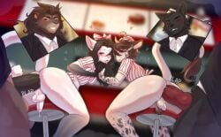 absurd_res accessory anal anal_sex animal_genitalia animal_penis anthro ass balls bite biting_lip black_body black_fur black_hair black_tie_(suit) blue_eyes blush bodily_fluids bovid bovine bow_ribbon breasts brown_body brown_fur brown_hair cafe canid canine clothing dinner dripping felid feline femboy foreskin fur gay gay_male genital_fluids genitals green_eyes group gynomorph hair hair_accessory hair_ribbon hairbow hand_holding hat headgear headwear heart_symbol hi_res horn intersex intersex/male knot lion lube male male/male mammal markings mythological_canine mythological_creature mythology oliver_(shudayuda) open_mouth orange_eyes pantherine penetration penis precum precum_drip red_eyes ribbons scar sex shirt shudayuda smile spots suit text tongue tongue_out topwear vein veiny_penis vittorio_(shudayuda) werecanid werecanine werecreature werewolf white_body white_fur yaoi