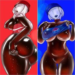 2girls big_ass big_breasts coca-cola huge_ass huge_breasts lipstick long_hair multiple_girls nipples pepsi pepsiwoman short_hair soda tagme thigh_gap white_hair