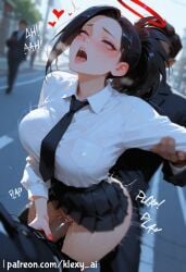 1girls 2boys ahe_gao ai_generated black_hair blush boku_no_hero_academia bouncing_breasts brown_eyes cleavage earrings female female_focus female_on_cloth heart hi_res hips huge_breasts klexyai light_skin momo_yaoyorozu multiple_boys multiple_penises my_hero_academia nipples open_mouth outdoors outside penis penis_in_ass penis_in_pussy ponytail pubic_hair public public_sex saliva sex tie tongue tongue_out uncensored uniform watermark yaoyorozu_momo