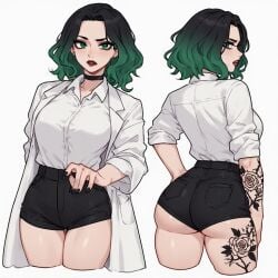 1girls ai_generated big_ass big_breasts big_butt black_shorts booty_shorts breasts cleavage curvy curvy_figure eye_contact fat_ass female feminine gothic green_eyes green_hair green_hair_female hourglass_figure japanese japanese_female kyokalovesxo labcoat light-skinned_female makeup original_character pale-skinned_female pale_skin poker_face pout red_lipstick science scientist slim soft_breasts tattooed_arm tattoos wavy_hair wedgie wedgied_female white_clothing