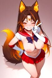 1girls ai_generated aroused_face aroused_female blush bow breasts breasts_out brown_hair choker clothed clothed_female cosplay female_only gloves hand_on_hip hand_on_own_hip hellhound large_breasts long_gloves long_hair medium_ass medium_breasts microskirt midriff multicolored_hair multicolored_tail nipples one_eye_closed orange_eyes orange_hair peace_sign purple_bow red_choker red_skirt sailor_collar sailor_mars_(cosplay) sailor_senshi_uniform sinder_(vtuber) skirt slim_waist smile solo_female tiara tits tits_out virtual_youtuber vtuber white_gloves wolf_ears wolf_girl wolf_tail