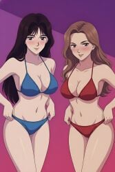 2girls ai_generated ass bare_arms bare_shoulders bikini black_eyes black_hair blue_bikini breasts brown_hair cleavage closed_mouth collarbone curvy female front-tie_top groin initial_d legs light_smile lips lipstick long_hair looking_at_another looking_at_viewer makeup medium_breasts midriff nail_polish navel necklace red_bikini satou_mako sayuki sayuki_(initial_d) siblings simple_background sisters standing stomach swimsuit wavy_hair wide_hips yuri