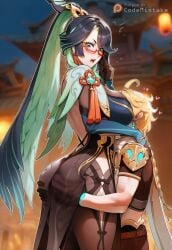 1boy 1girl1boy 1girls adjusting_eyewear aether_(genshin_impact) ai_generated aqua_eyes aqua_lips ass_grab back black_hair blonde_hair blush bodystocking braid breast_smother codemistake face_in_breasts genshin_impact hand_under_clothes heart long_hair looking_back looking_down median_furrow mihoyo open_mouth outline patreon patreon_link patreon_logo patreon_url patreon_username ponytail straight surprised xianyun_(genshin_impact)