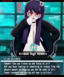 1girls 3d 3d_(artwork) adjusting_glasses angry annoyed annoyed_expression bending_forward black_clothing breasts button_gap cleavage clothed cockrochi dialogue dress exposed_breasts female female_focus female_only glasses hand_on_hip hiruko_shizuhara hud huge_breasts leaning leaning_forward looking_at_viewer massive_breasts movement_lines onomatopoeia pale-skinned_female pale_skin pov purple_hair red_eyes shizuhara_hiruko solo solo_female solo_focus sumino_takumi takumi_sumino talking talking_to_viewer text text_box the_hundred_line_-last_defense_academy- unbuttoned unbuttoned_shirt