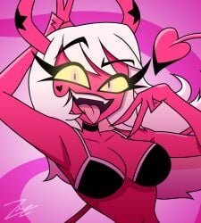 1female 1girl 1girls 1woman accurate_art_style accurate_body_type accurate_proportions artist_request boobs breasts demon_horns demon_tail female female_focus female_only girl helluva_boss horns pink_skin pose posing sole_female solo_female source_request tagme tail teeth teeth_visible tongue tongue_out unknown_artist verosika_mayday_(helluva_boss)