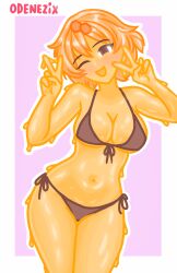 1girls bikini black_bikini black_bra bra breasts double_v female female_focus female_only high_quality honey honey_(food) mellie_(odenezix) odenezix one_eye_closed original_character panties peace_sign simple_background slime slime_girl smile v yellow_body