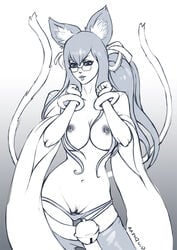 bangle blazblue cat_ears cat_tail cleavage detached_sleeves glasses hair_ribbon kokonoe large_breasts long_hair lowleg_panties monochrome multi_ear multi_tail nipples panties panties_down pants_down ponytail pubic_hair pussy radsquid topless wide_sleeves