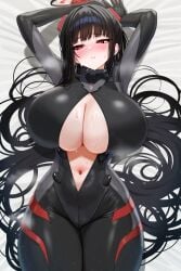 1girls absurdres alternate_breast_size_(larger) armpits arms_up black_bodysuit black_hair black_halo blue_archive blunt_bangs blush bodysuit breasts bright_pupils choppy_bangs cleavage commentary_request covered_navel cowboy_shot female hair_ornament hair_spread_out halo high_ponytail highres huge_breasts latex latex_bodysuit light-skinned_female light_skin long_hair looking_at_viewer lying millennium_science_school_student mizikayo multicolored_halo official_alternate_costume official_alternate_hairstyle on_back on_bed parted_lips ponytail red_eyes red_halo ringed_eyes rio_(armed)_(blue_archive) rio_(blue_archive) seminar_(blue_archive) sidelocks solo sweat taut_bodysuit thick_thighs thighs unzipped very_long_hair white_pupils