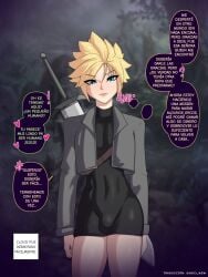 1boy black_dress blonde_hair blue_eyes bulge cloud_strife crossdressing dialogue dress facing_viewer femboy final_fantasy gelatomusume light-skinned_male light_skin looking_at_viewer male male_only spanish_text standing text tight_clothing trap
