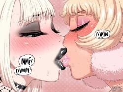 2girls ai_assisted ai_generated animated barbie_(fellatrix) bimbo black_eyeshadow black_lipstick black_makeup blair_(fellatrix) blonde_hair blush blush_lines buchukisu close-up closed_eyes drool drooling english_text eyelashes eyeshadow fellatrix female female/female female_only fishnet_shirt fishnet_top fishnets french_kiss goth goth_girl heart hi_res kissing lesbian licking lips lipstick long_hair makeup making_out moaning_only multiple_females multiple_girls original original_character pink_eyeshadow pink_lipstick pink_makeup plump_lips saliva saliva_drip sweat tagme text tongue tongue_kiss video yuri