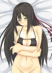 1girls bed big_breasts black_hair blush bottomless bra breast_hold breast_press breasts breasts_hold crossed_arms female green_eyes half_naked half_nude koi_to_senkyo_to_chocolate long_hair looking_at_viewer lying muffin_(sirumeria) navel no_panties nopan shinonome_satsuki shiny shiny_skin simple_background sirumeria solo stomach white_background