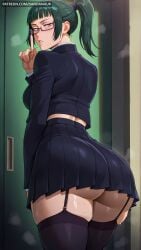 ai_generated ass bangs black_skirt black_thighhighs blush breasts dandanhub female female_only finger_to_mouth from_behind garter_straps glasses green_hair jacket jujutsu_kaisen large_breasts long_sleeves looking_at_viewer looking_back maki_zenin parted_lips pleated_skirt ponytail school_uniform skirt solo sweat thick_thighs thighhighs thighs yellow_eyes zenin_maki