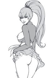 absurdres areolae ass breasts female female_only highres looking_at_viewer looking_back monochrome nipples pussy radsquid rwby skirt solo upskirt weiss_schnee