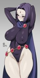1girls 2026 2d 2d_(artwork) alternate_breast_size areola areolae areolae_visible_through_clothing armpits arms_behind_head arms_up artist_name artist_signature big_areola big_breasts blush bodysuit breasts cameltoe cape curvy curvy_figure dated digital_drawing_(artwork) digital_media_(artwork) erect_nipples fit grey_background grey_body grey_skin leotard looking_away navel nipple_bulge nipples nipples_visible_through_clothing onomeshin purple_eyes purple_hair raven_(dc) shiny_skin short_hair simple_background skin_tight solo solo_female tagme teen_titans thick_thighs thighs warner_brothers wide_hips