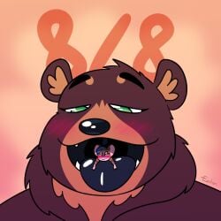 anthro bear blush brown_body brown_fur burr eaton_(eaton_mouse) eaton_mouse fluff mammal maw mouse mouth oral oral_vore queen queen_(bighorntbeardg) queenbear queenie teeth tongue vore