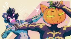 !!? 2d 2girls angry_expression animal_ears anthro anthro_female areola areolae arm_up bear bear_ears breast_grab breast_squeeze breast_squish breasts breasts_out cheek_tuft epic_games exposed_breasts eye_scar facial_scar female female_anthro female_only fortnite fortnite:_battle_royale fur furry furry_female furry_only gauntlets gloves grabbing_another's_breast hand_on_own_head hood meme mewtrix naoya_hair_flip neckwear nipples open_mouth pumpkin pumpkin_head purple_areola purple_body purple_fur raven_team_leader scar scar_across_eye scarf shoulder_tuft simple_background spice_(fortnite) squeezing_breast standing topless topless_female tuft two-tone_body two-tone_fur yellow_eyes yuri