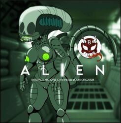 8ball9615 alien_(franchise) alien_girl alien_humanoid big_breasts biomechanical black_body green_lips green_nipples monster_girl movie_poster muscular_female parody saliva skull_head tail xenomorph