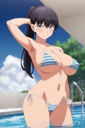 1girls ai_generated background big_breasts bikini black_hair blue_eyes blush blushing_at_viewer blushing_female bra breasts ceiling clouds female female_only long_hair looking_at_viewer ponytail pool shuumatsu_no_harem sky smile solo solo_female toudou_akira_(shuumatsu_no_harem) trees water