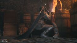 3d back_view big_penis boots cd_projekt_red ciri female gloves hood imminent_fellatio imminent_oral kneeling kneeling_oral_position light-skinned_female light-skinned_male light_skin male pants_down penis res_(artist) sword the_witcher_(series) the_witcher_4 undressing_another witcherres