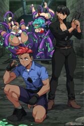 1boy 3girls aqua_hair aspen_(ignitioncrisis) ass big_break! black_hair blonde_hair blush breasts clueless dark-skinned_female dark-skinned_male dark_skin hanging_breasts hi_res ichan juniper_(ignitioncrisis) keri_(ignitioncrisis) large_breasts original panties patreon_username ponytail popi_(ignitioncrisis) pulling_hair red_bra red_hair red_panties short_hair sidelocks tentacle two-tone_hair underwear white_bra white_panties