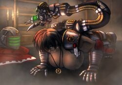 absurd_res absurdres adeptus_mechanicus amulet armor big_breasts big_feet black_hair blade boots breasts candle candles cybernetic_limb cyborg dark_skin dark_skinned_female discarded_armor discarded_clothing exercise eye_bags female fitness gauntlets genetor green_eyes half_naked half_nude helmet large_breasts muscular muscular_biceps muscular_female needle needles ofisa_moren pendant plate plate_armor power_armor purity_seal push-up push_ups pushups ritual robe robes shin_guards shoulder_pads spiky_hair sweat sweaty techpriest topless unop warhammer_40k