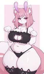 ai_generated animal_ears animal_tail animation_meme_community antennae anthro anthro_female anthro_focus anthro_only belly_button big_breasts boob_window bra cat_bra cat_ears cat_panties cat_stockings cat_tail cat_thighhighs cat_underwear cleavage cleavage_window closed_mouth cute_pose female female_anthro female_focus female_only furry furry_female furry_only huge_thighs medium_hair navel panties pink_eyes pink_hair pixai posing ria_(rossali) simple_background slim_waist solo solo_anthro solo_female solo_focus stockings tagme thick_thighs thighhighs underwear white_fur wide_hips youtube youtuber youtuber_girl