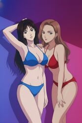 2girls ai_generated ass bare_arms bare_shoulders bikini black_eyes black_hair blue_bikini breasts brown_hair cleavage closed_mouth collarbone curvy female front-tie_top groin initial_d legs light_smile lips lipstick long_hair looking_at_another looking_at_viewer makeup medium_breasts midriff nail_polish navel necklace red_bikini satou_mako sayuki sayuki_(initial_d) siblings simple_background sisters standing stomach swimsuit wavy_hair wide_hips yuri