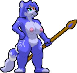 2018 alpha_channel anthro barefoot big_breasts black_nose blue_fur blue_hair breasts canine digital_media_(artwork) dipstick_tail female fox fur green_eyes hair hair_ornament huge_breasts krystal low_res mammal markings multicolored_tail nintendo nipples nude pixel_art pussy short_hair solo staff star_fox tailband thick_thighs transparent_background tribal_markings tsunamidusher video_games voluptuous white_fur