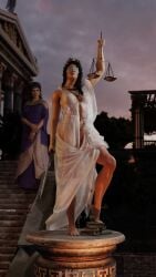 3d abs amunet ancient_greece architecture aspasia assassin's_creed_(series) assassin's_creed_odyssey athletic athletic_female barefoot bent_knees bent_leg blind_justice blindfold, book books braid braided_hair breasts brown_hair brunette feet female female_only font greek greek_clothes greek_lettering greek_mythology heel kassandra_(assassin's_creed) knees laurel_crown lean_muscle literature marble masculine_female muscular muscular_female muscular_sub necklace nude nude_female pedestal plinth scale spartan spatha staircase stairs stairway steps strong strong_female strong_legs sword tied_hair ubisoft venorg warrior wet,