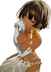 absurdres ancient_egyptian_clothes arm_under_breasts bob_cut bracelet breasts brown_hair cleavage closed_mouth dark-skinned_female dark_skin earrings expressionless eyebrows_hidden_by_hair female from_above from_side gloves halterneck harem_outfit highres jewelry looking_at_viewer medium_breasts non-web_source original panties rana_(seifersythe) red_eyes short_hair sideboob simple_background solo topless_female underwear white_background white_gloves white_panties woppuru