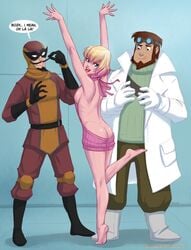 ass batroc_the_leaper blonde_hair blue_eyes breasts clothing dyed_hair female flick gwen_poole gwenpool male marvel open_mouth short_hair virgin_killer_sweater