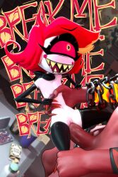 3d 3d_(artwork) blender blender_cycles crazy_eyes crazy_female cyclops dialogue female flat_chest fleshlight_position gloves hazbin_hotel held_up holding_legs huge_cock latex male male/female monster_girl niffty penis pussy_juice red_hair red_skin size_difference small_breasts smaller_female thigh_highs thighhighs undead_h34d vaginal_penetration vaginal_sex