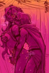 ambiguous_penetration bite_mark cheating circe circe_(epic_the_musical) closed_eyes epic_the_musical from_behind glowing_eyes heart-shaped_pupils hearts_around_body highres holding_breast not_low_quality odycirce odysseus odysseus_(epic_the_musical) partially_clothed shoulder_bite sweat t0astand3ggs t0astandeggs visible_breath