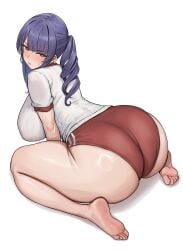 1girls ass azur_lane barefoot big_ass big_breasts blush breasts buruma curvy erufura fat_ass female female_only gym_uniform hi_res highres huge_ass huge_breasts large_ass large_breasts light-skinned_female light_skin looking_at_viewer looking_back pola_(azur_lane) purple_hair red_buruma red_eyes sardegna_empire_(azur_lane) shirt simple_background soles solo_female thick voluptuous white_background white_shirt wide_hips